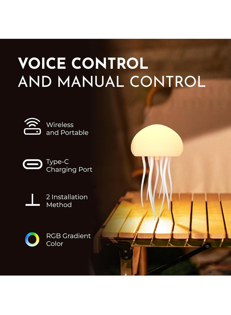 Floating Jellyfish Light Lamp – Voice-Controlled RGB Gradient with Moving Tentacles - Rechargeable Touch Sensor LED Lamp for Bedside, Living Room – Dancing Jellyfish Night Light for Kids & Adults – Fun & Relaxing Night Lamp for Home Decor