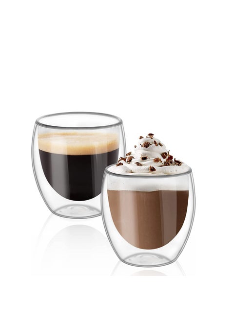 Glass Coffee Cups 250ml Double Wall Coffee Mugs for Latte Cappuccino Espresso Milk Hot Drinks Tea Glass Cups [2 Cups]