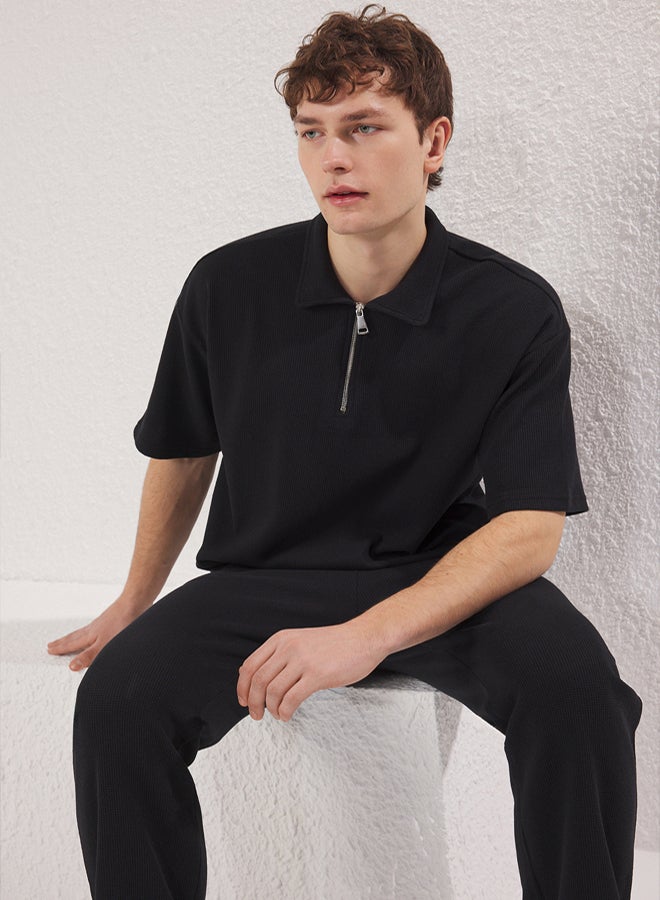 trendyol Black Oversize/Wide Cut Textured Zippered Cotton Polo Neck - Image 1