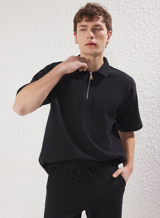 trendyol Black Oversize/Wide Cut Textured Zippered Cotton Polo Neck - Image 2