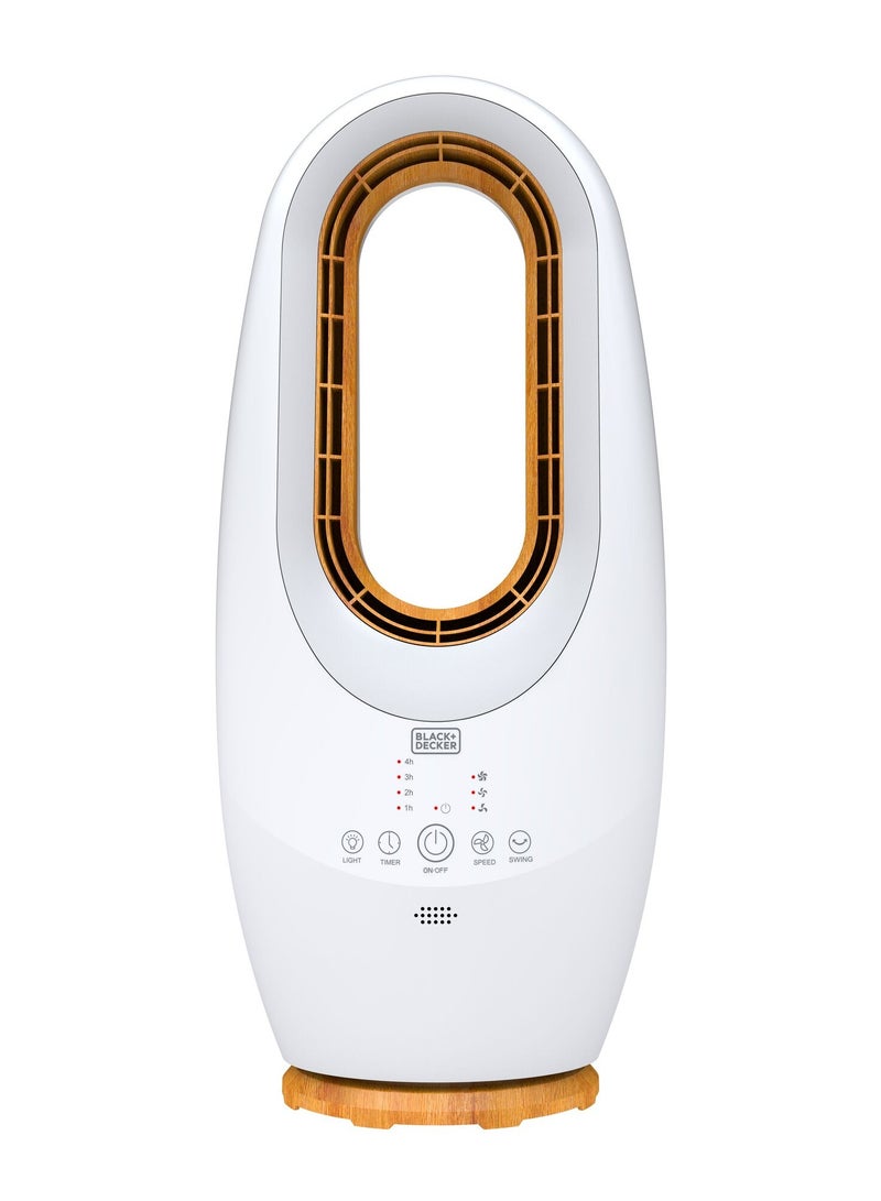 BLACK+DECKER 2-in-1 Bladeless Fan, 58cm, Cool-White LED Lamp, Remote Control, 60° Oscillation, 45W Tropical Motor, Low Noise, 20m² Coverage, Compact and Portable, Wooden Trim, White - FBL58-B5 FBL58-B5 White - Image 1