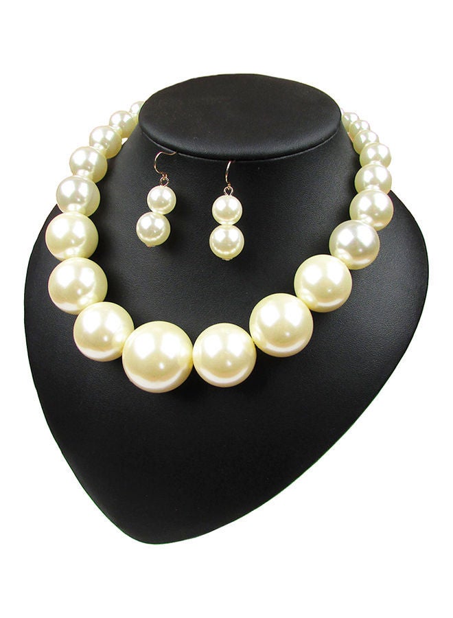 NIBEMINENT Single-Layer Large Pearl Short Clavicle Necklace And Earrings Jewellery Set Beige