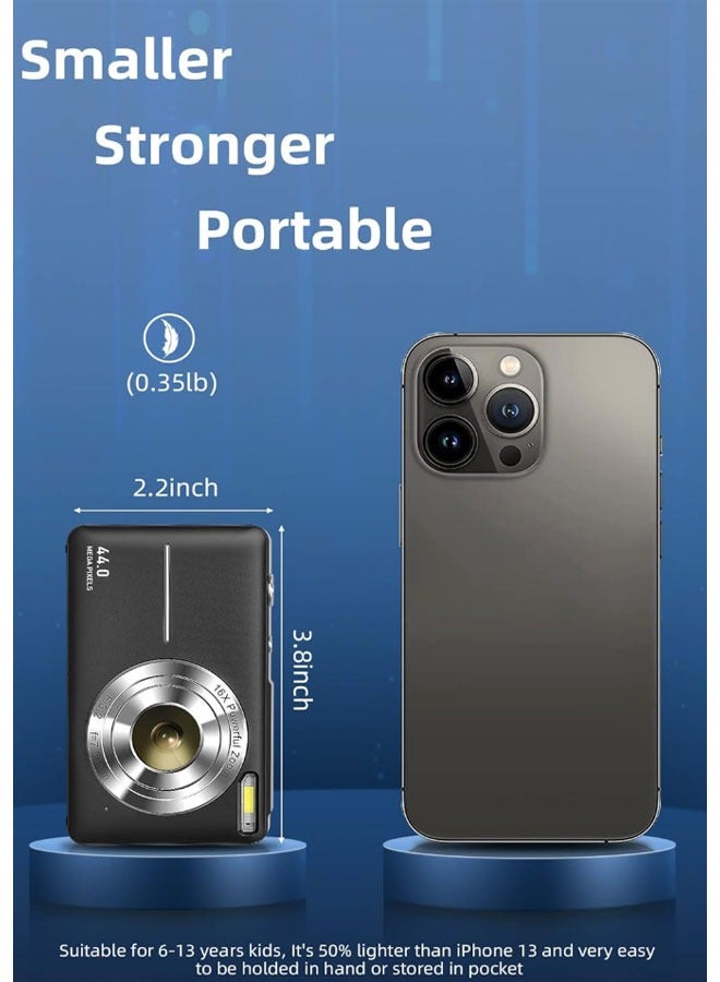 Digital Camera FHD 1080P Kids Camera 44MP Point and Shoot Digital Cameras with 32GB SD Card 16X Zoom Two Batteries  Lanyard Compact Small Camera for Kids Boys Girls  Black  - Image 5