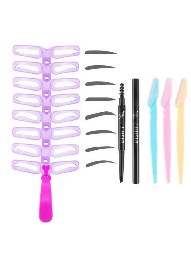 Aooba 12 Pcs Eyebrow Stencils Eyebrows Shape Reusable With Eyebrow Razors And Pencil Eye Brow Shaping Template Stamp Kit With Handle And Strap Washable Diy Makeup Tools - Image 1