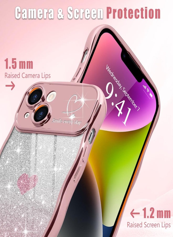 Teageo جراب Teageo لهاتف iPhone 14 للنساء والفتيات، بتصميم أنيق ومموج، مزين بقلب لامع، لحماية الكاميرا، غطاء فاخر مقاوم للصدمات، جراب شفاف مموج لهاتف iPhone 14 مقاس 6.1 بوصة، لون وردي - Image 3
