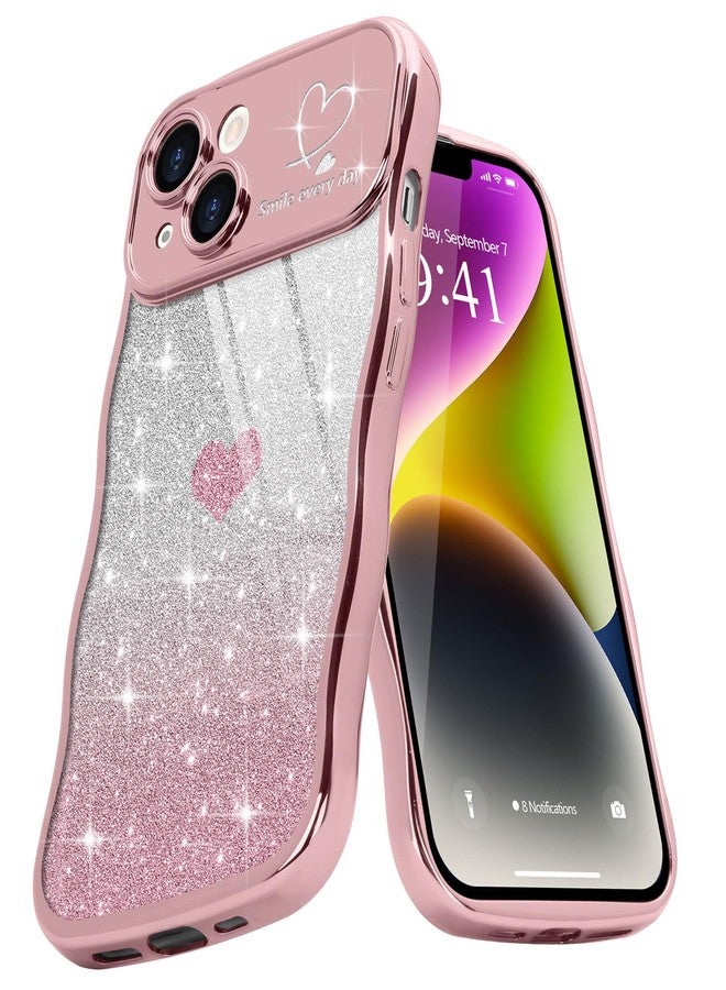 Teageo جراب Teageo لهاتف iPhone 14 للنساء والفتيات، بتصميم أنيق ومموج، مزين بقلب لامع، لحماية الكاميرا، غطاء فاخر مقاوم للصدمات، جراب شفاف مموج لهاتف iPhone 14 مقاس 6.1 بوصة، لون وردي - Image 1