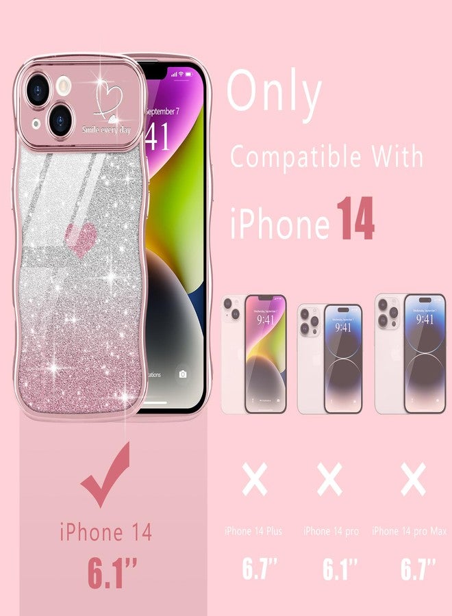 Teageo جراب Teageo لهاتف iPhone 14 للنساء والفتيات، بتصميم أنيق ومموج، مزين بقلب لامع، لحماية الكاميرا، غطاء فاخر مقاوم للصدمات، جراب شفاف مموج لهاتف iPhone 14 مقاس 6.1 بوصة، لون وردي - Image 2