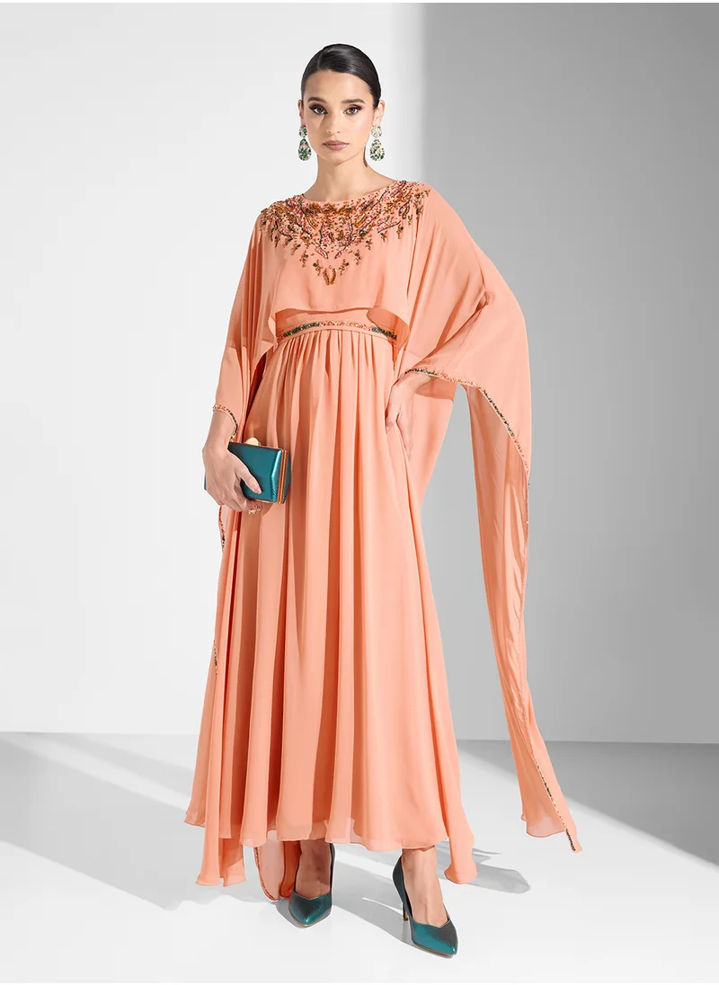 Fashion Trends by Suzy Matar Embroidered Kaftan Body Cut Long Sleeves Dress