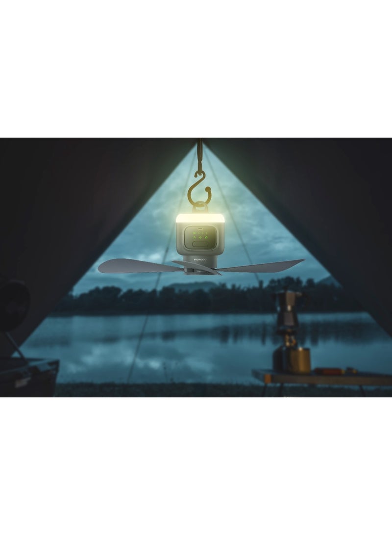 porodo Rechargeable Portable Ceiling Fan with Built-in LED Light, 3 Adjustable Modes /Rechargeable Fan for Camping - Grey - Image 4