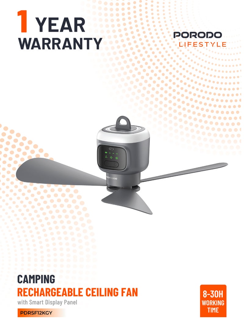 porodo Rechargeable Portable Ceiling Fan with Built-in LED Light, 3 Adjustable Modes /Rechargeable Fan for Camping - Grey - Image 1
