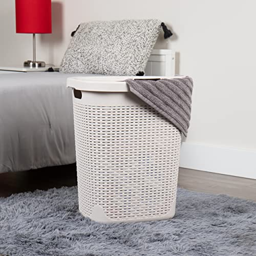 Mind Reader 50L Slim Laundry Hamper, Set of 2, Clothes Basket, Lid, Wicker Design, Plastic, 17.65"L x 13.75"W x 21"H, Ivory - Image 2