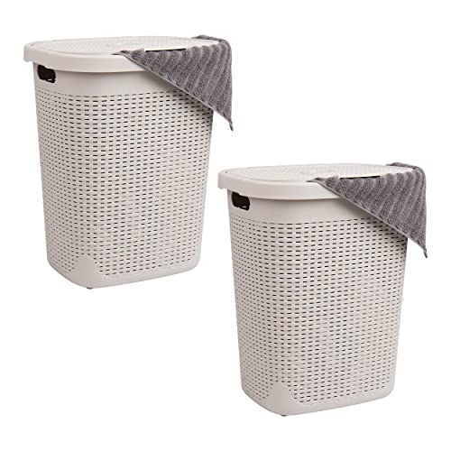 Mind Reader 50L Slim Laundry Hamper, Set of 2, Clothes Basket, Lid, Wicker Design, Plastic, 17.65"L x 13.75"W x 21"H, Ivory - Image 1