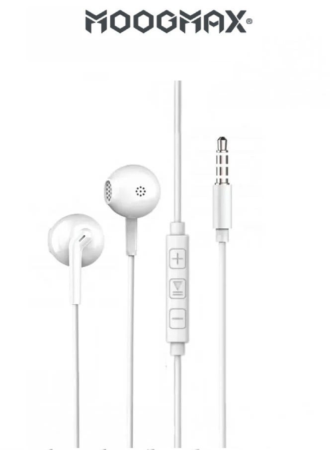 موجماكس سماعة اذن مسمار سلك بصوت قوي وواضح وبميكرفون مدمج عالي الوضوح اثناء المكالمات، سماعه اذنين اصلية متوافقة مع اغلب الاهجزة التي تدعم منفذ ال Aux. باللون الأبيض - Image 1