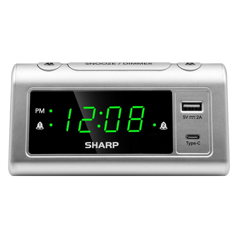 Sharp Alarm Clock for Bedrooms Super Fast USBC Charging and Fast 2 Amp USB Charging 2 Alarms 3Step Dimmer Snooze Easy to Set Controls Silver with Green LED Display