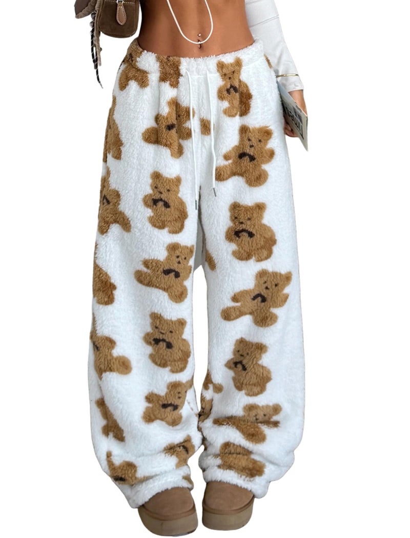ZAFUL Women's Fuzzy Plush Pajama Pants Drawstring Elastic Waist Wide Leg Teddy Pj Bottoms Lounge Pants White Bear M - Image 1