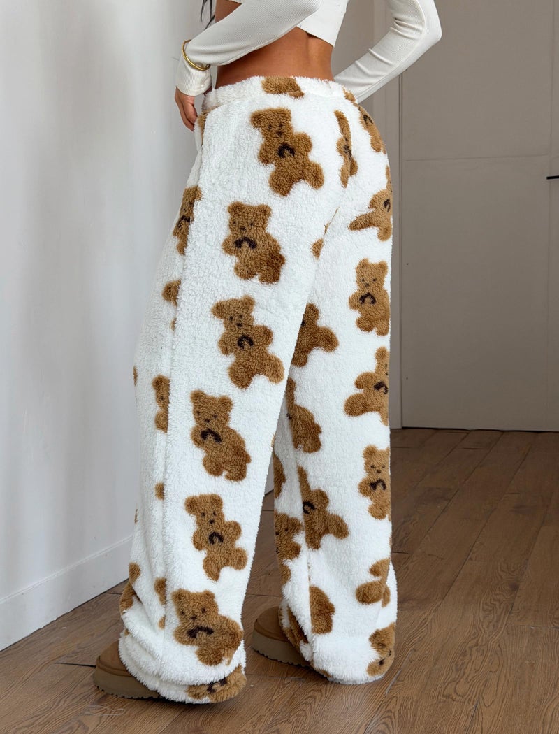 ZAFUL Women's Fuzzy Plush Pajama Pants Drawstring Elastic Waist Wide Leg Teddy Pj Bottoms Lounge Pants White Bear M - Image 4