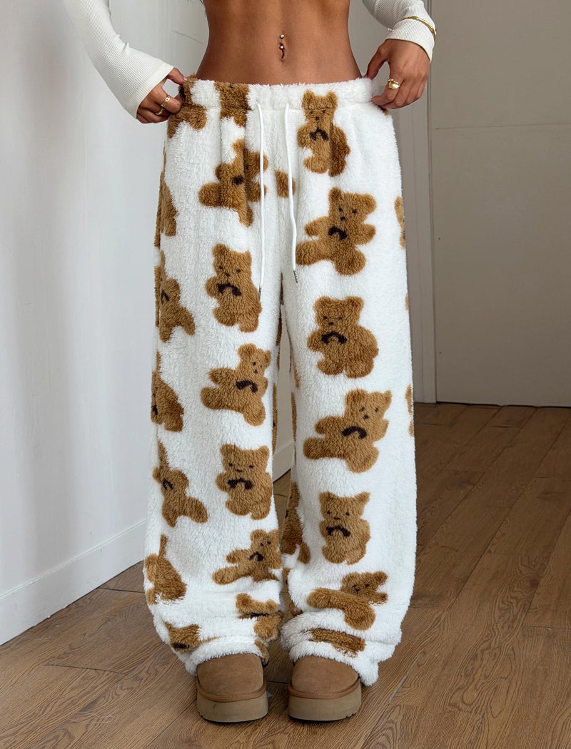 ZAFUL Women's Fuzzy Plush Pajama Pants Drawstring Elastic Waist Wide Leg Teddy Pj Bottoms Lounge Pants White Bear M - Image 2