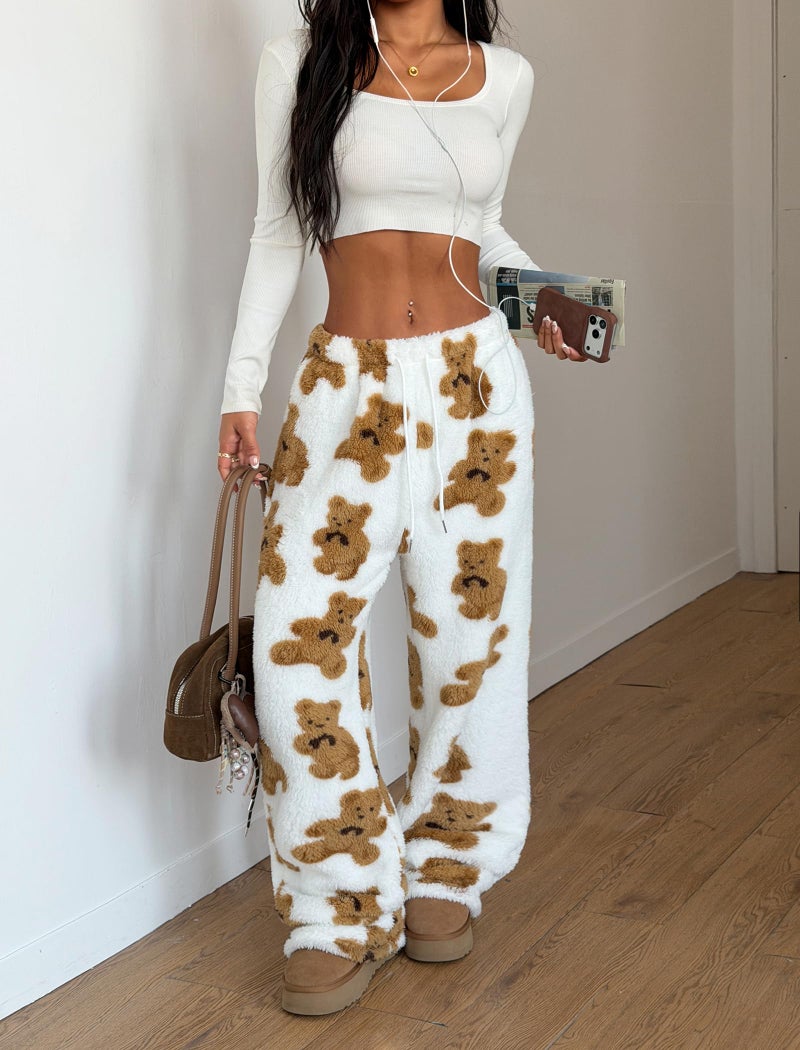 ZAFUL Women's Fuzzy Plush Pajama Pants Drawstring Elastic Waist Wide Leg Teddy Pj Bottoms Lounge Pants White Bear M - Image 5