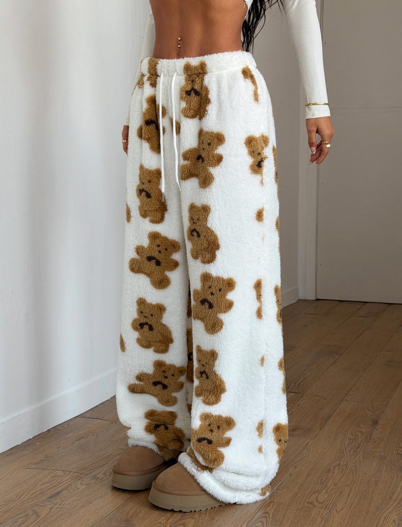 ZAFUL Women's Fuzzy Plush Pajama Pants Drawstring Elastic Waist Wide Leg Teddy Pj Bottoms Lounge Pants White Bear M - Image 3