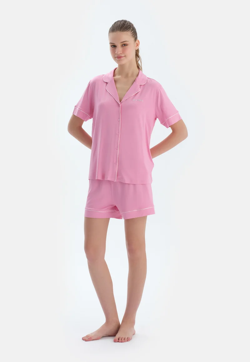 dagi Logo Regular/Classic Fit Shirt & Shorts Pajama Sets Spread Collar Viscose Blend Sleepwear