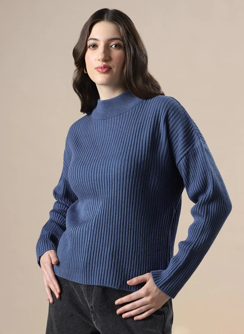 Globus Women Blue Self Design High Neck Drop Shoulder Long Sleeves Acrylic Knitted Pullover Sweater