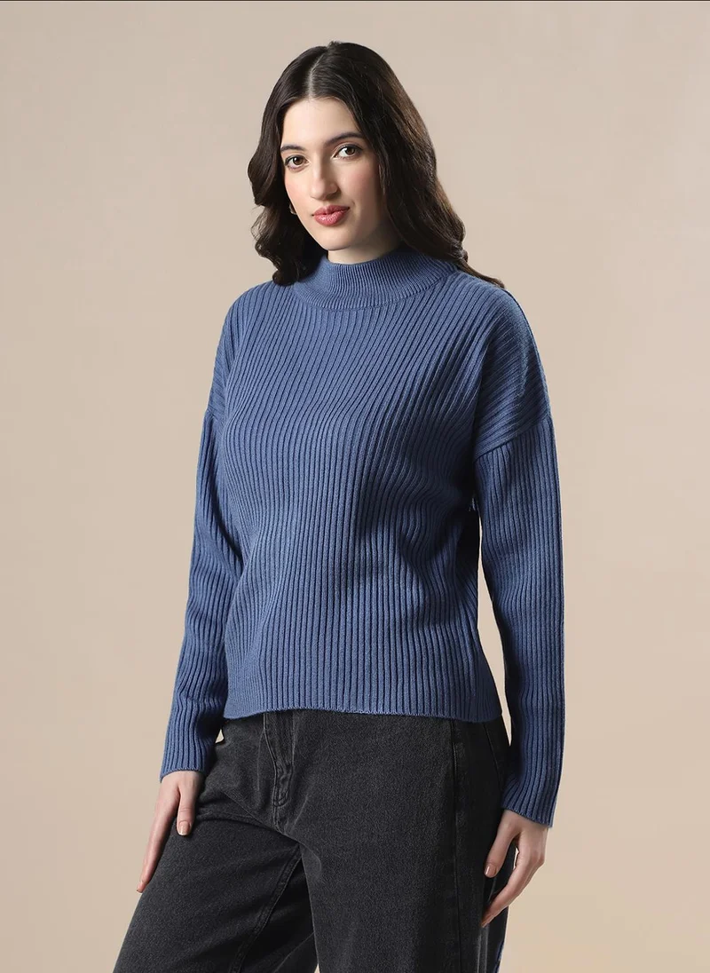 جلو باص Globus Women Blue Self Design High Neck Drop Shoulder Long Sleeves Acrylic Knitted Pullover Sweater