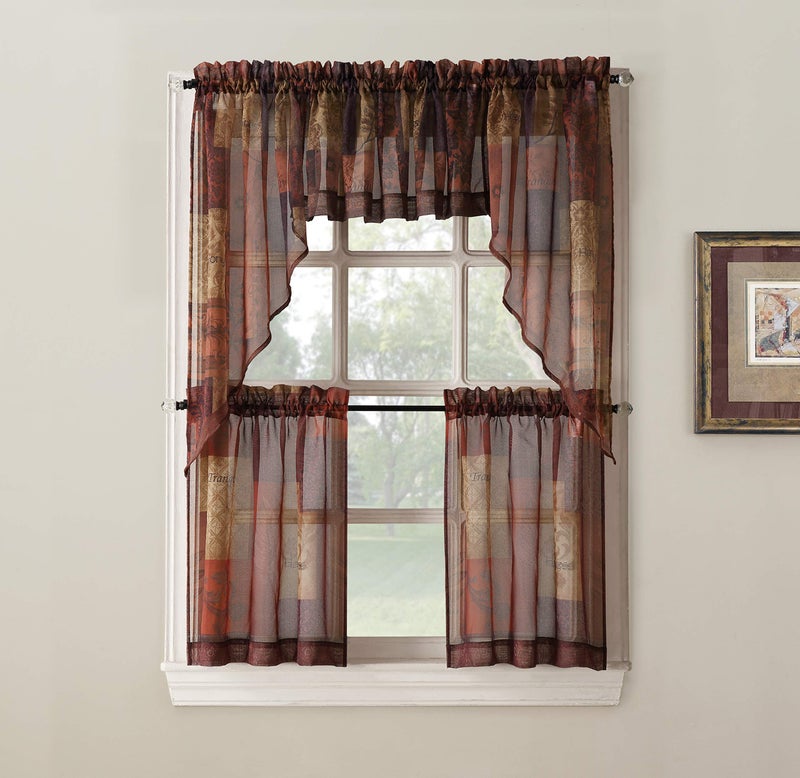 No. 918 Eden Inspirational Patchwork Semi-Sheer Rod Pocket Kitchen Curtain Tier Pair, 56" x 36", Multi - Image 2