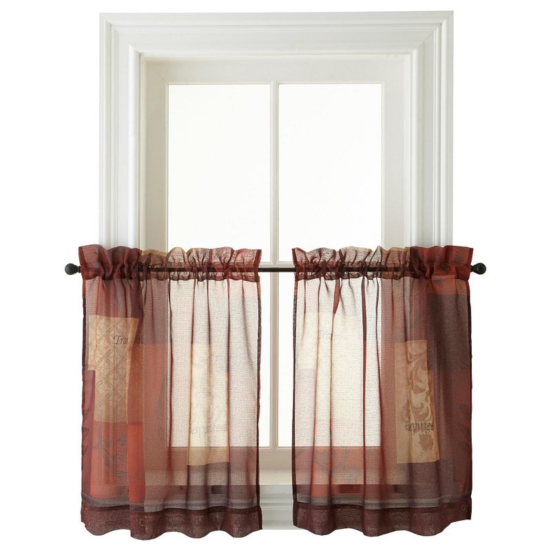 No. 918 Eden Inspirational Patchwork Semi-Sheer Rod Pocket Kitchen Curtain Tier Pair, 56" x 36", Multi - Image 3