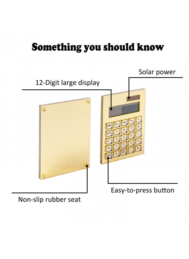 Calculator Gold Mirror, Solar Power Acrylic Slim Calculator with Large LCD Display and Stand, 12 Digits Handheld Desktop Calculator for Office, School, Financial Accounting Business
