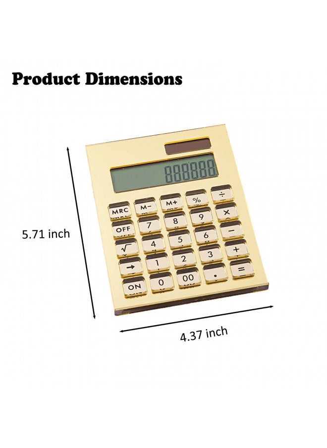 Calculator Gold Mirror, Solar Power Acrylic Slim Calculator with Large LCD Display and Stand, 12 Digits Handheld Desktop Calculator for Office, School, Financial Accounting Business