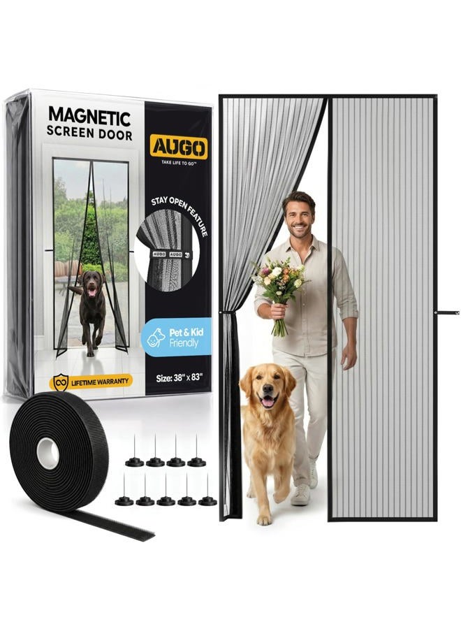 AUGO Magnetic Screen Door - Self Sealing, Heavy Duty, Hands Free Mesh Partition Keeps Bugs Out - Pet and Kid Friendly - Patent Pending Keep Open Feature - 38 Inch x 83 Inch - Image 1