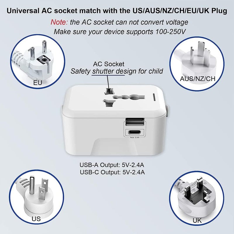 One Beat Worldwide Universal Travel Adapter with Type C USB A Ports AllinOne 100V250V Plug International Plug Adapter for Cell Phones Tablets Camera Travel Adapter White - Image 3