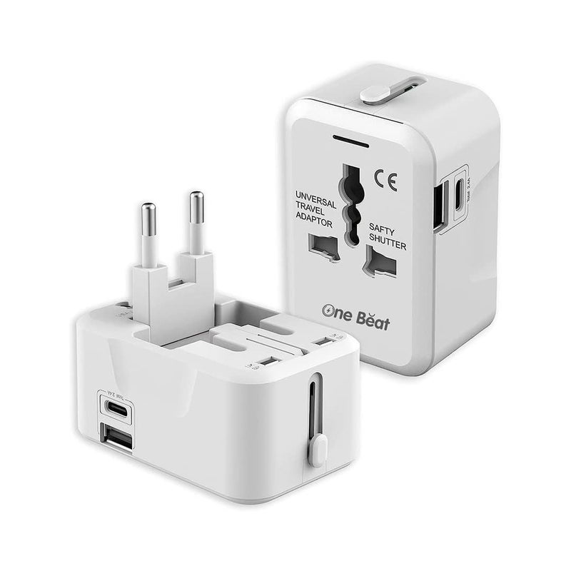 One Beat Worldwide Universal Travel Adapter with Type C USB A Ports AllinOne 100V250V Plug International Plug Adapter for Cell Phones Tablets Camera Travel Adapter White - Image 2