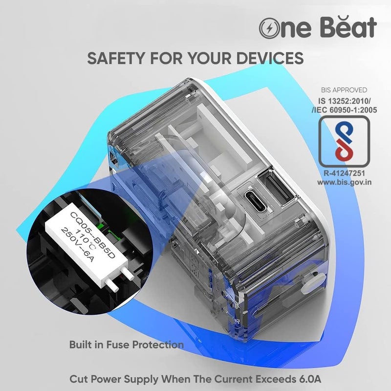 One Beat Worldwide Universal Travel Adapter with Type C USB A Ports AllinOne 100V250V Plug International Plug Adapter for Cell Phones Tablets Camera Travel Adapter White - Image 4