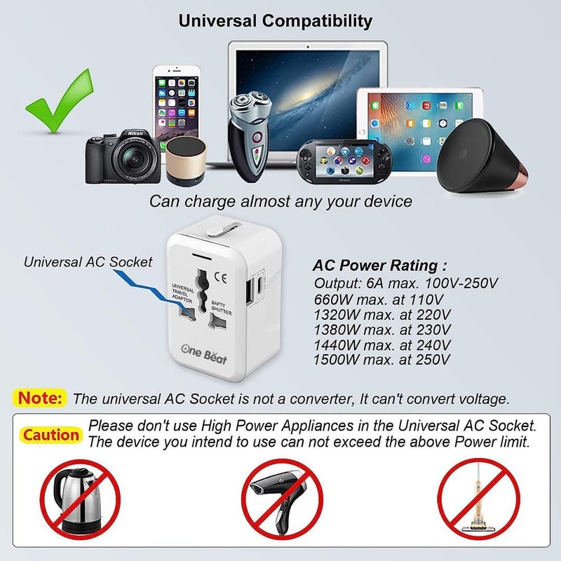 One Beat Worldwide Universal Travel Adapter with Type C USB A Ports AllinOne 100V250V Plug International Plug Adapter for Cell Phones Tablets Camera Travel Adapter White - Image 5