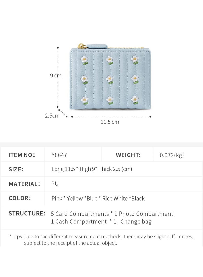 Sky Blue Mini Wallet for Women & Girls - Embroidered Flower PU Leather Tri-fold Purse with ID Window, Cash Pocket & Card Holder - Image 5