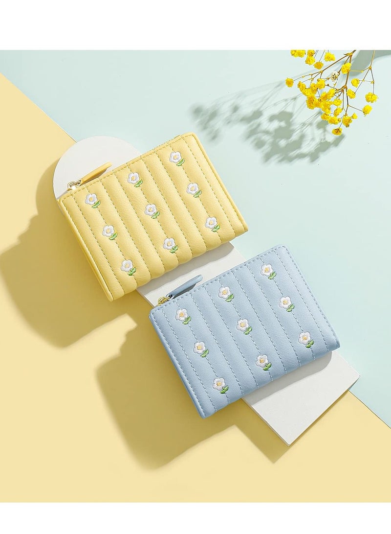 Sky Blue Mini Wallet for Women & Girls - Embroidered Flower PU Leather Tri-fold Purse with ID Window, Cash Pocket & Card Holder - Image 4