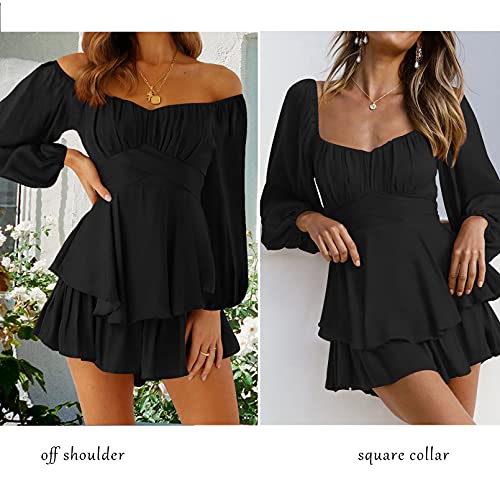 Fixmatti Womens Lantern Long Sleeve Shorts Romper Tie Waist Chiffon One Piece Outfits Solid Jumpsuit Black M - Image 4