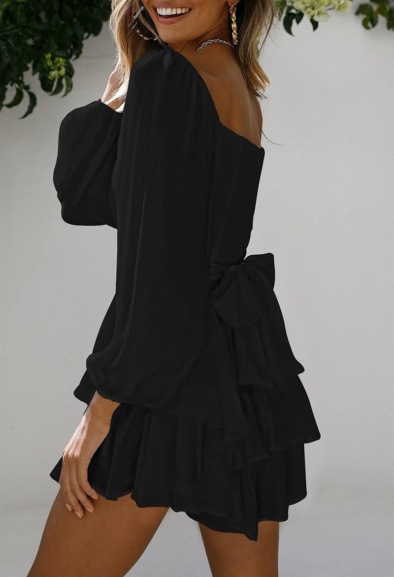 Fixmatti Womens Lantern Long Sleeve Shorts Romper Tie Waist Chiffon One Piece Outfits Solid Jumpsuit Black M - Image 5