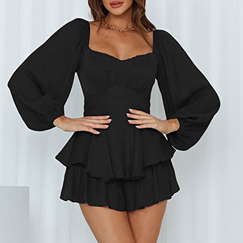 Fixmatti Womens Lantern Long Sleeve Shorts Romper Tie Waist Chiffon One Piece Outfits Solid Jumpsuit Black M - Image 2