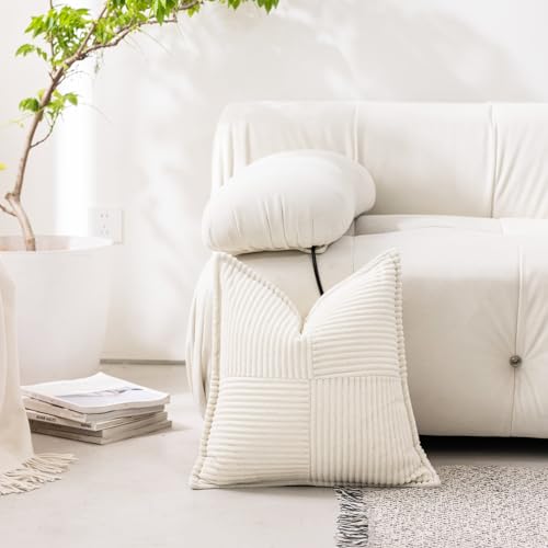 Puncuntex Corduroy Cream White Throw Pillow Covers 18×18 Inches Set of 2 Boho Decorative,Super Soft Cozy Striped Cushion Covers for Couch,Sofa,Farmhouse,Living Room,45×45CM - Image 2