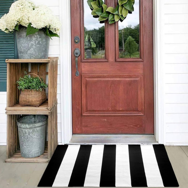KOZYFLY Black and White Striped Rug Doormat 235 x 354 Cotton Woven Washable Black Indoor Outdoor Rugs for Layered Door Mats PorchKitchenFarmhouse