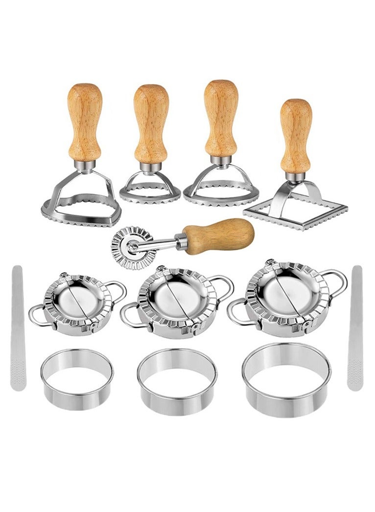 general Wooden Handle Dumpling Tool Set 13 Pieces Stainless Steel Dumpling Tool Meat Pick Edge Printing Mold Set - Image 1