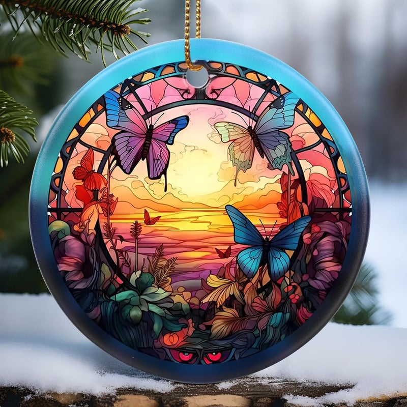 Touber Christmas Ornament, Christmas Decoration, Holiday Present Idea, Heirloom Keepsake, Round Ceramic, Gift Exchange, Gift Idea, Butterfly - Image 1