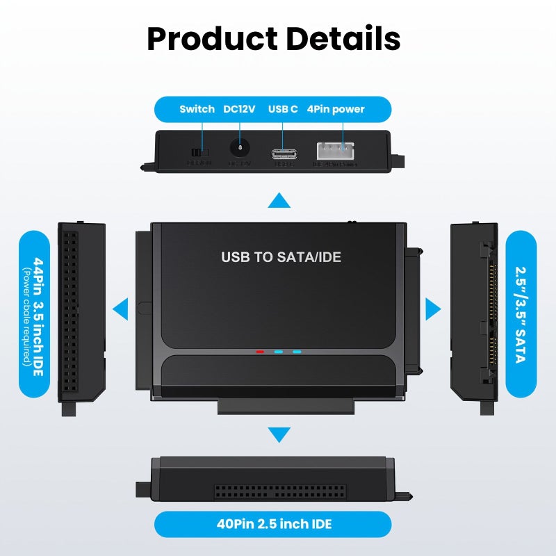 Hard Drive Reader USB 3 0 To SATA IDE Adapter Black IDE SATA To USB Type C External Data Recovery Converter Kit For 2 5 3 5 HDD SSD Hard Drive Disk - Image 2