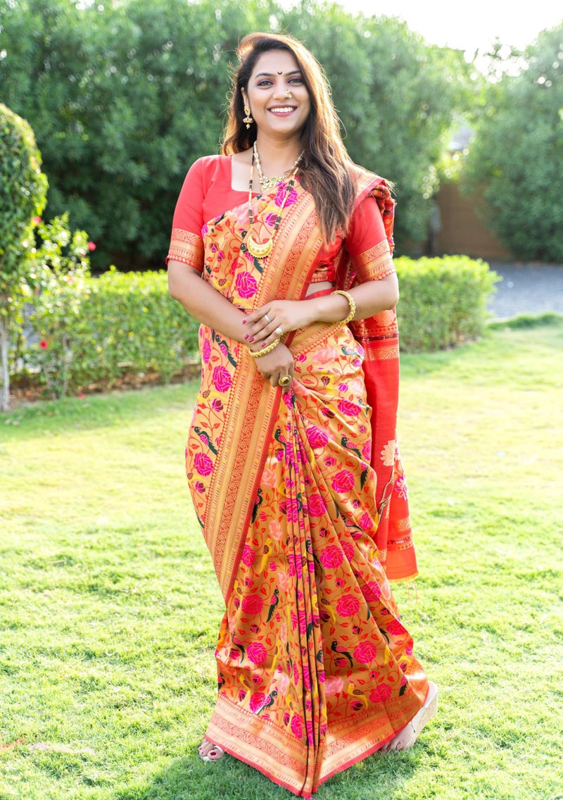 AMIRAT Women's Paithani Silk Saree and Unstitched Zari Woven Blouse Piece | Sari for Women Silk | Red - Image 3