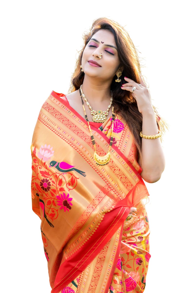 AMIRAT Women's Paithani Silk Saree and Unstitched Zari Woven Blouse Piece | Sari for Women Silk | Red - Image 1