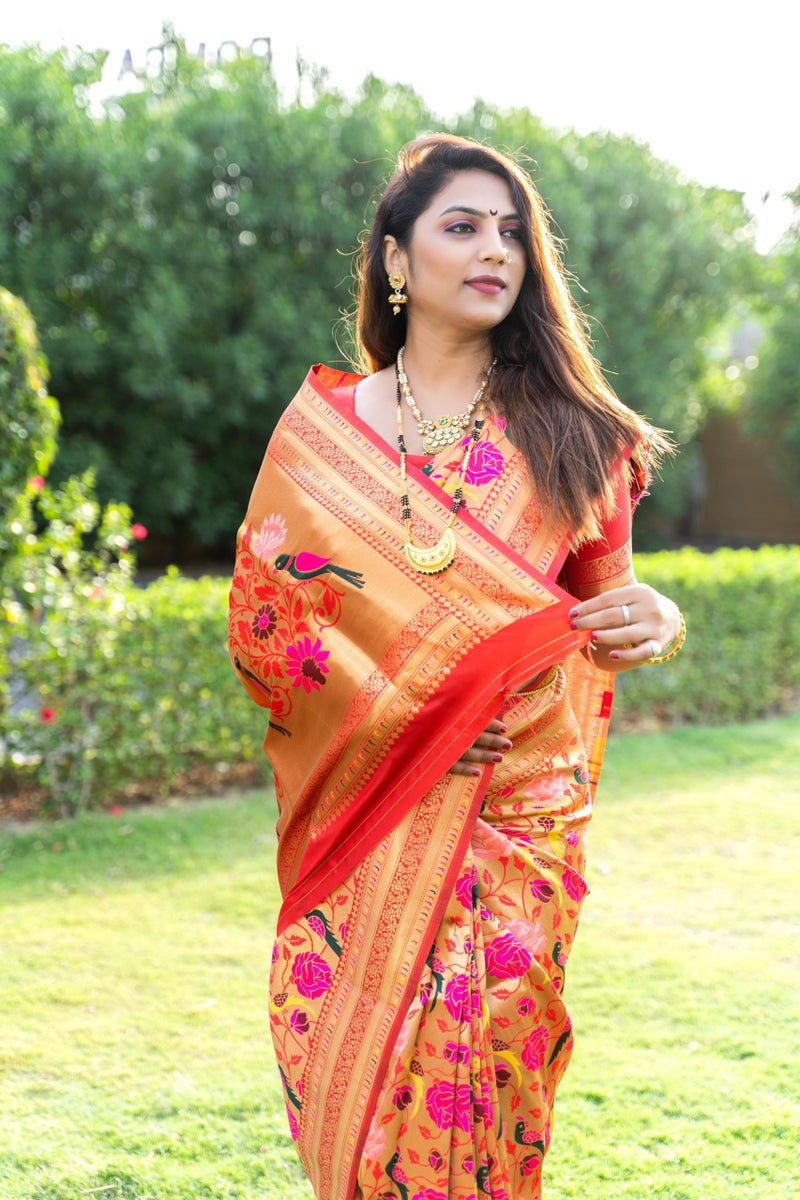 AMIRAT Women's Paithani Silk Saree and Unstitched Zari Woven Blouse Piece | Sari for Women Silk | Red - Image 2