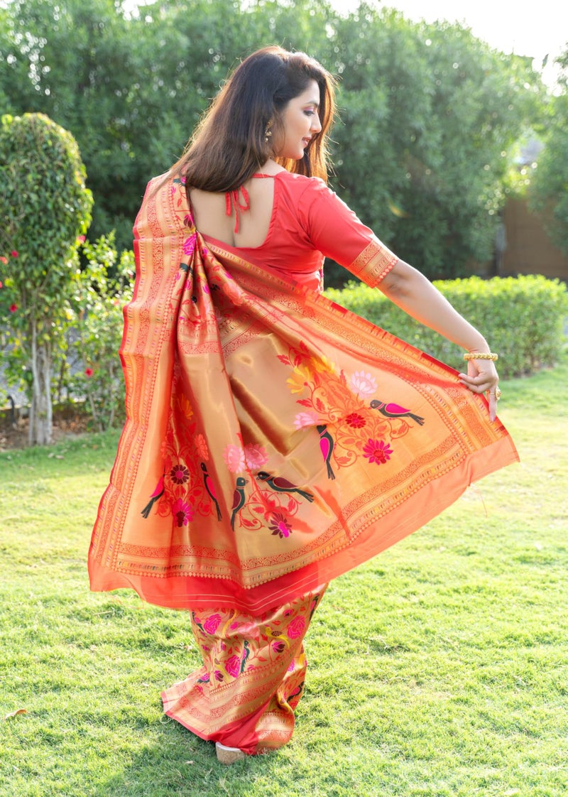 AMIRAT Women's Paithani Silk Saree and Unstitched Zari Woven Blouse Piece | Sari for Women Silk | Red - Image 5