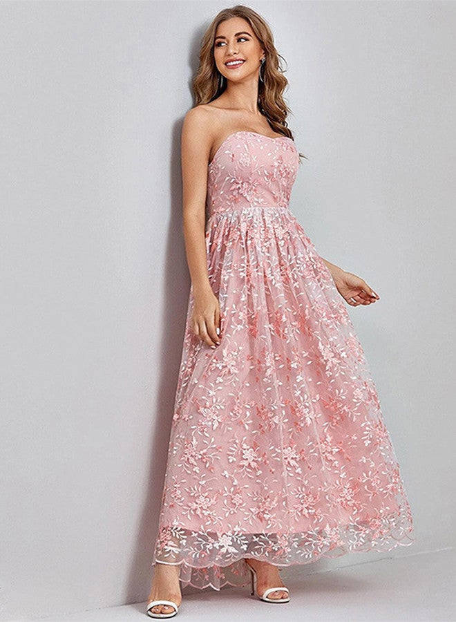 MARGOUN Small Size Elegent Party Strapless Maxi Dress 2024 Fashion Vintage Lace Floral Embroidery Pink Clothing Lady A Line Fairy Dress New/M2232  - Image 5